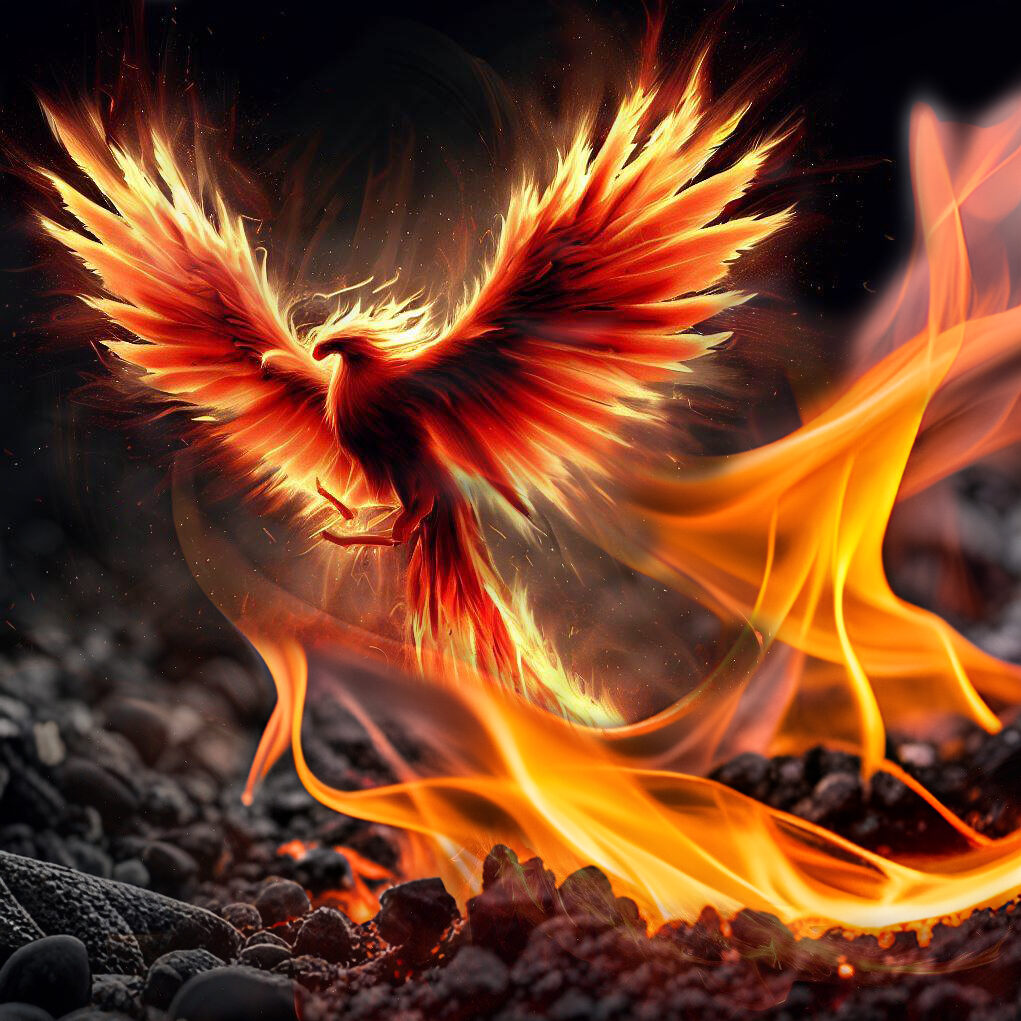 Fiery phoenix rising from burning ashes. It represents President Donald Trump's return! It also shows the burning desire to re-elect Donald Trump 2024.