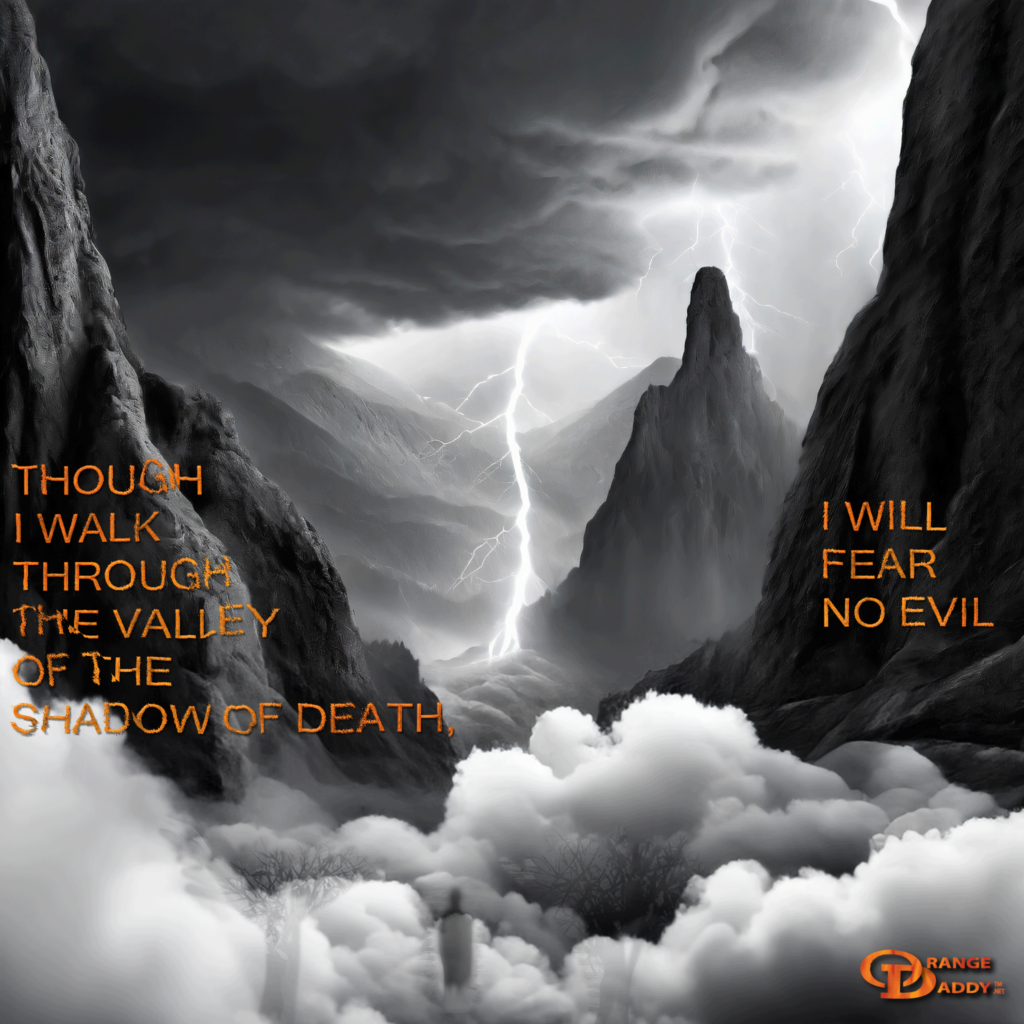 Psalm 23:4
Spooky scary valley with dense mist/fog, lightning and a shadowy figure.
